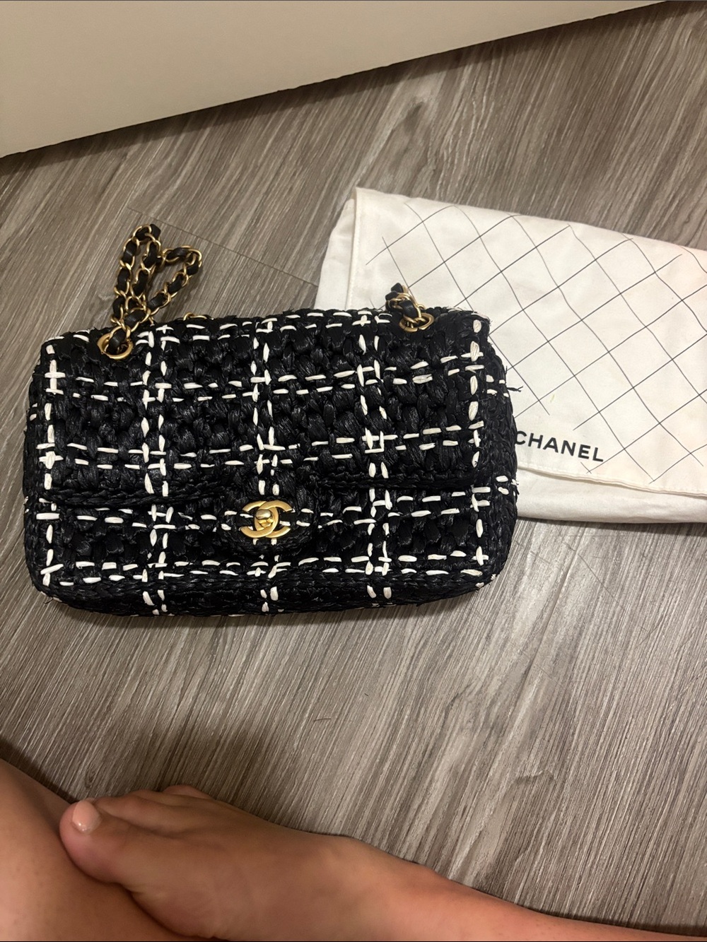 CHANEL Black Tweed Shoulder Bag with White Stitching & Gold Chain
